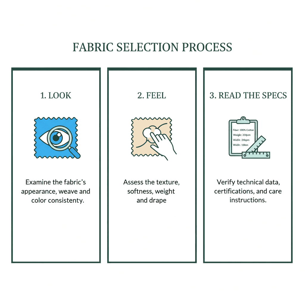 Hướng dẫn ba bước để lựa chọn vải: 1. Nhìn (Kiểm tra vẻ ngoài), 2. Cảm nhận (Đánh giá kết cấu), 3. Đọc thông số kỹ thuật (Xác minh dữ liệu). Hướng dẫn ba bước để lựa chọn vải: 1. Nhìn (Kiểm tra vẻ ngoài), 2. Cảm nhận (Đánh giá kết cấu), 3. Đọc thông số kỹ thuật (Xác minh dữ liệu).