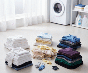 3つの服の山:白い服、明るい色の服、暗い色の服 3つの服の山:白い服、明るい色の服、暗い色の服