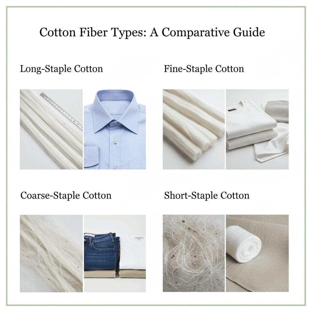 Hướng dẫn trực quan so sánh bông sợi dài, bông sợi mịn, bông sợi thô và bông sợi ngắn, hiển thị các loại sợi và sản phẩm tiêu biểu. Hướng dẫn trực quan so sánh bông sợi dài, bông sợi mịn, bông sợi thô và bông sợi ngắn, hiển thị các loại sợi và sản phẩm tiêu biểu.