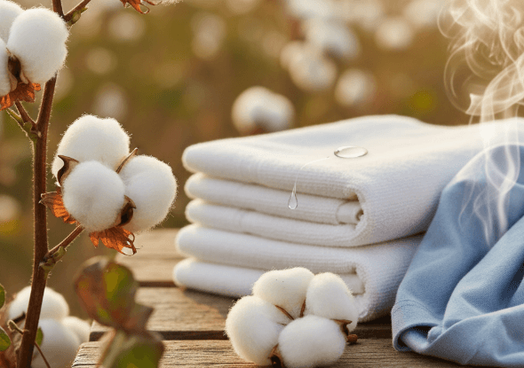 Cận cảnh một cây bông trên cánh đồng lúc hoàng hôn, với khăn tắm trắng mềm mại và vải xanh trên bàn gỗ, tượng trưng cho phẩm chất tự nhiên của bông. Cận cảnh một cây bông trên cánh đồng lúc hoàng hôn, với khăn tắm trắng mềm mại và vải xanh trên bàn gỗ, tượng trưng cho phẩm chất tự nhiên của bông.