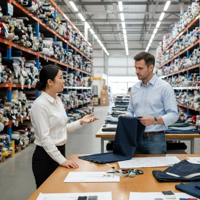 A Fabric-Supplier Salesperson Is Explaining Fabric Characteristics To A Customer. A Fabric-Supplier Salesperson Is Explaining Fabric Characteristics To A Customer.
