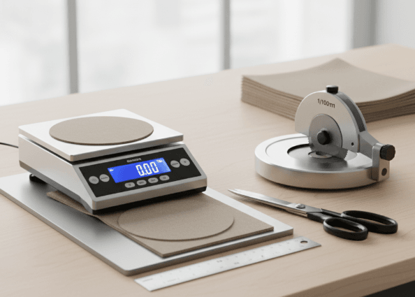 A Digital Gram Scale And A Circular Fabric Swatch Cutter Are Placed On The Table, As Well As A Pair Of Scissors.
