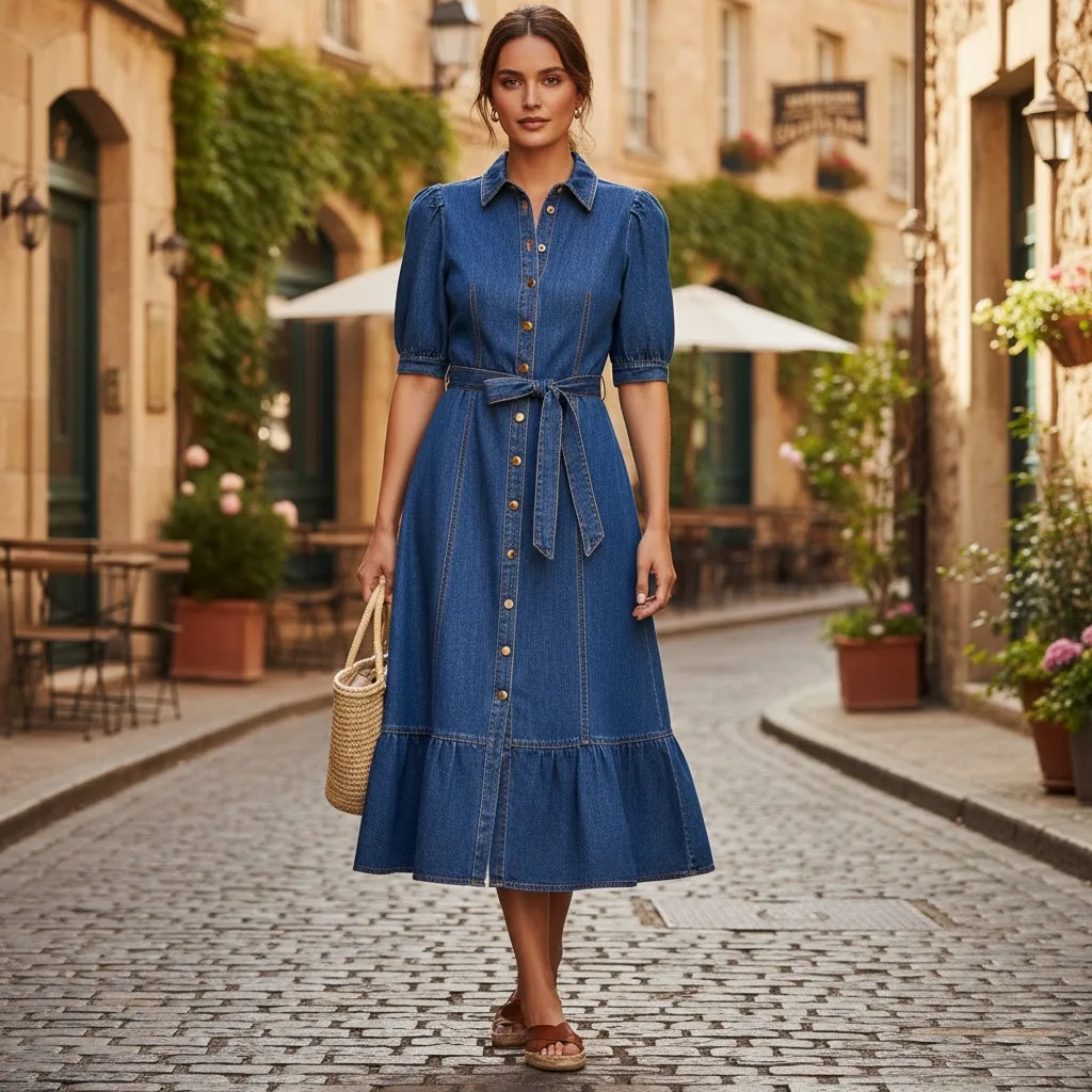 A Woman In A Denim Dress Standing On The Street A Woman In A Denim Dress Standing On The Street