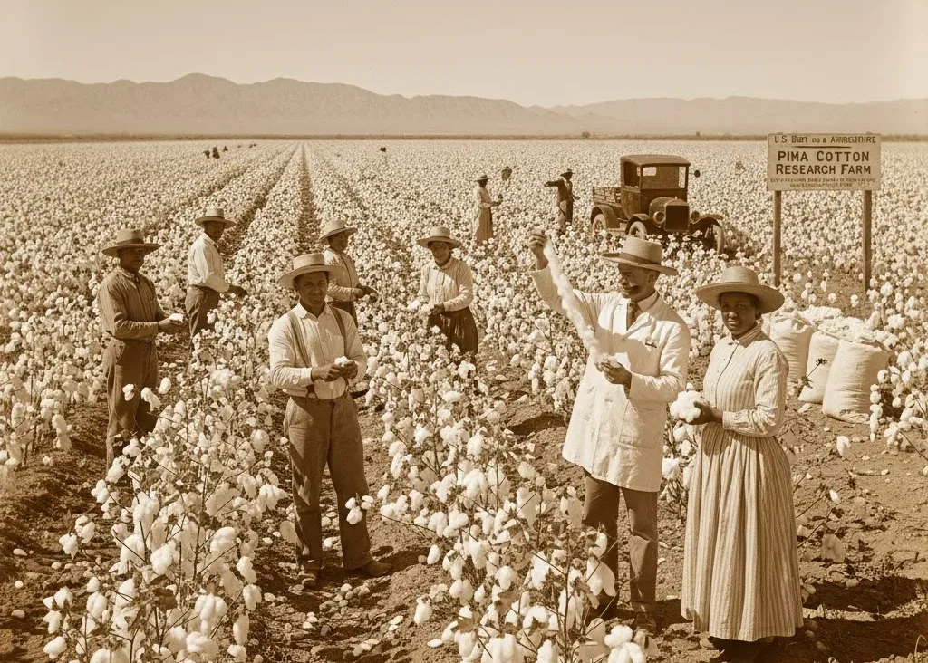 20 世紀初頭の画像には、米国農務省が西部の乾燥した気候で綿花を栽培し、最終的にピマ綿の種子を収穫している様子が写っています。. 20 世紀初頭の画像には、米国農務省が西部の乾燥した気候で綿花を栽培し、最終的にピマ綿の種子を収穫している様子が写っています。.
