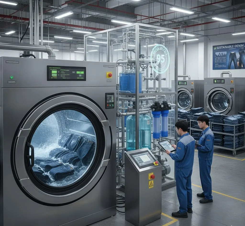 In The Industrial Denim Washing Workshop, Technicians Are Operating Large-Scale Washing Equipment To Process Denim. The Factory Is Equipped With Environmental Protection Devices. In The Industrial Denim Washing Workshop, Technicians Are Operating Large-Scale Washing Equipment To Process Denim. The Factory Is Equipped With Environmental Protection Devices.