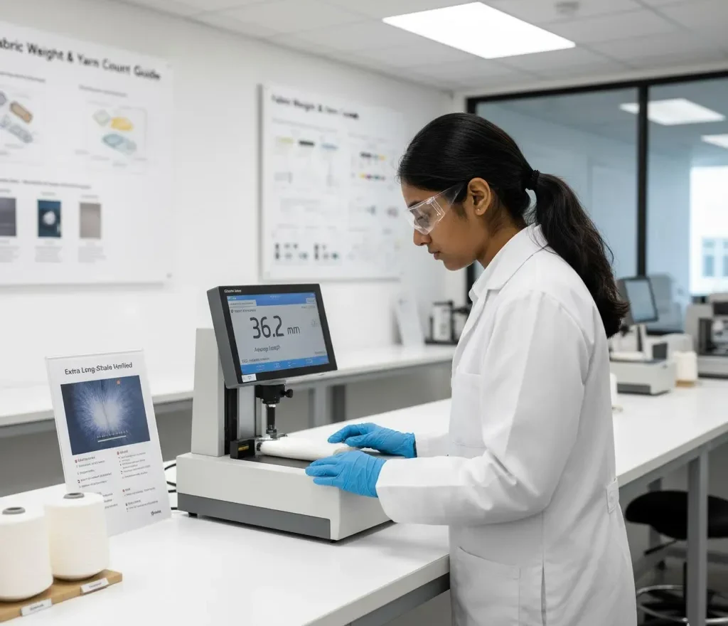 品質管理研究所では、試験員がスーピマ®ピマ綿繊維を検査しています。. 品質管理研究所では、試験員がスーピマ®ピマ綿繊維を検査しています。.