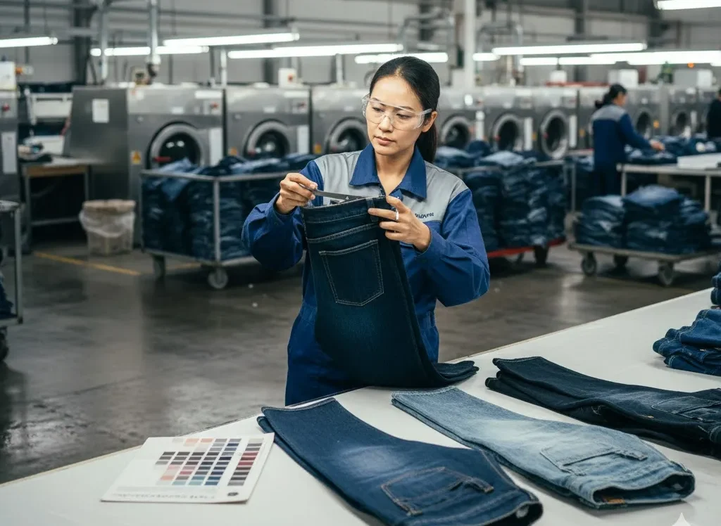 Picture Of Quality Inspectors Checking The Quality Of Washed Denim Picture Of Quality Inspectors Checking The Quality Of Washed Denim