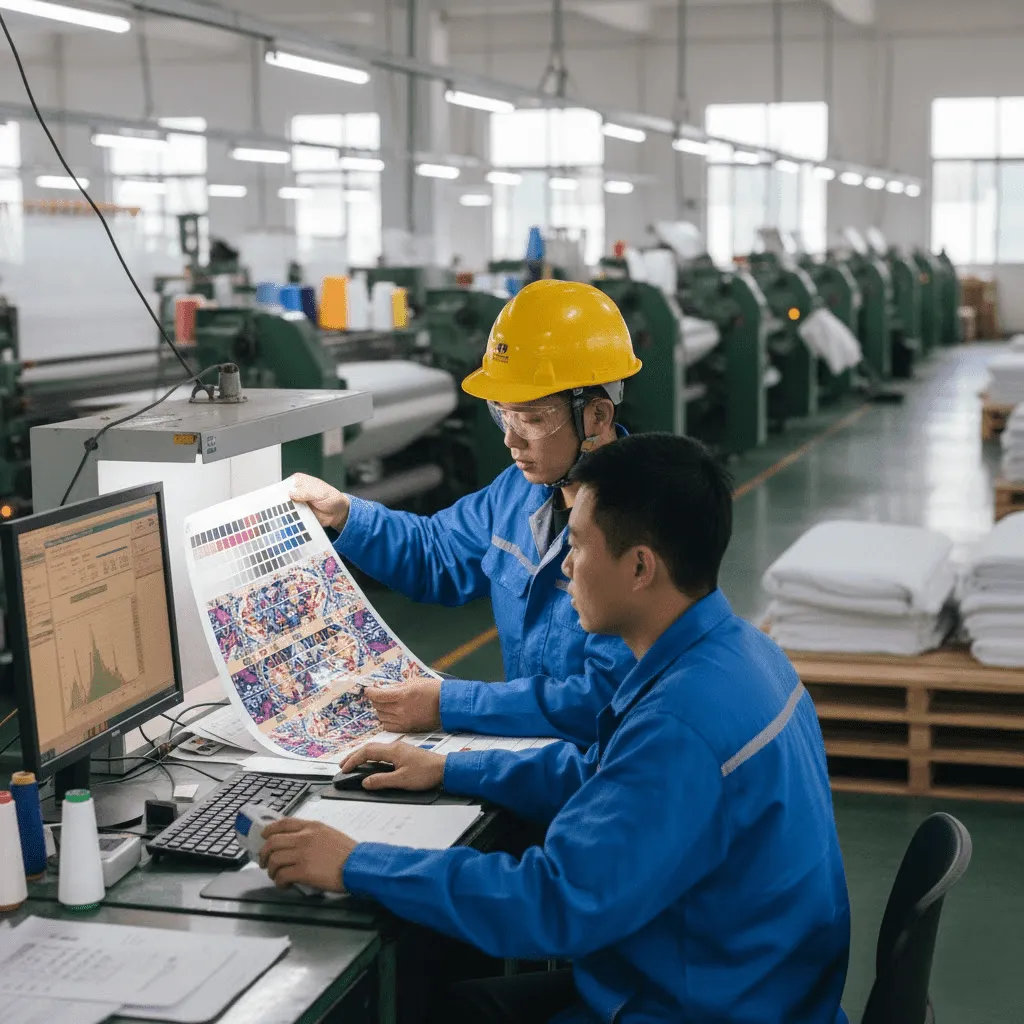 Workers In A Fabric Factory Are Testing The Color Fastness Of Fabrics Workers In A Fabric Factory Are Testing The Color Fastness Of Fabrics