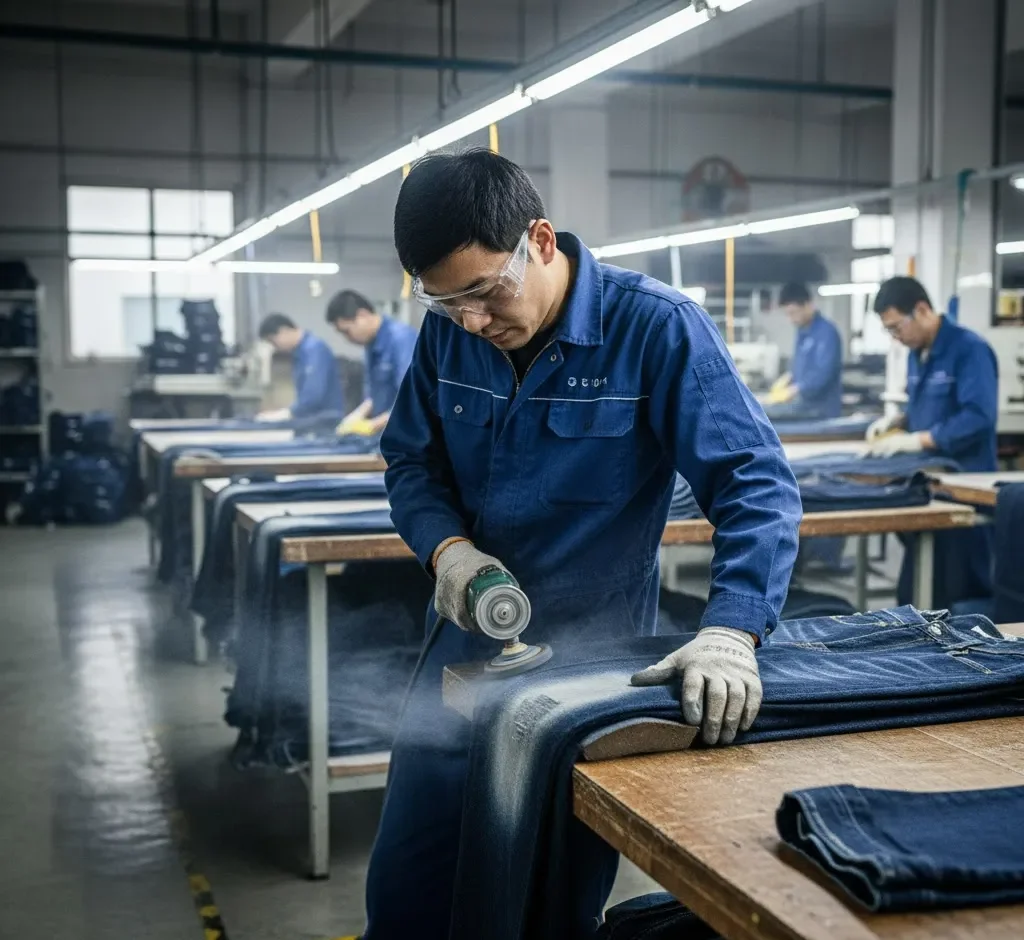 Workers Operate Tools To Process Denim, Factory Workshop Scene Workers Operate Tools To Process Denim, Factory Workshop Scene
