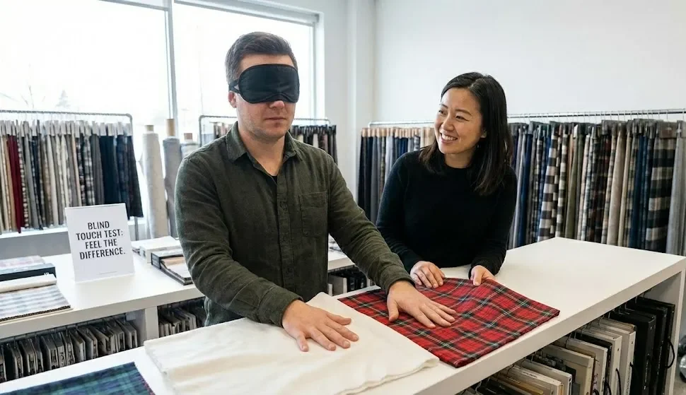 A Smiling Woman Watches A Blindfolded Man Perform A Fabric Touch Test. A Smiling Woman Watches A Blindfolded Man Perform A Fabric Touch Test.