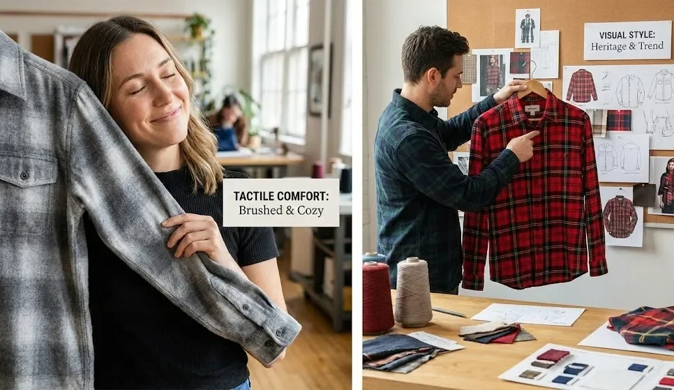A Split-Screen Photo Contrasting The Tactile Comfort Of Flannel With The Visual Style Of Plaid. A Split-Screen Photo Contrasting The Tactile Comfort Of Flannel With The Visual Style Of Plaid.