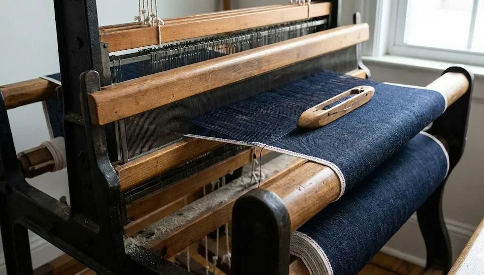 旧式のシャトル織機でセルビッジデニムを織っています。. 旧式のシャトル織機でセルビッジデニムを織っています。.