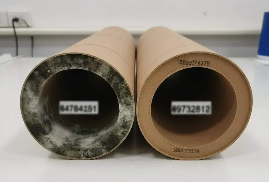 Close-Up Photo Comparing A Mildew-Spotted Paper Tube End Vs. A Clean One, With Batch Codes Blurred