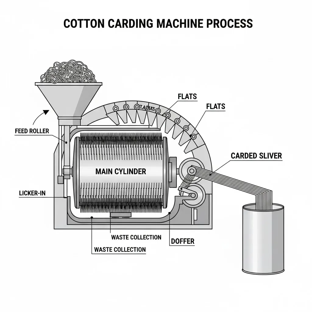 綿カード機の図。シリンダー、フラット、ドッファーが原綿をカードされたスライバーに加工する様子を示している。 綿カード機の図。シリンダー、フラット、ドッファーが原綿をカードされたスライバーに加工する様子を示している。
