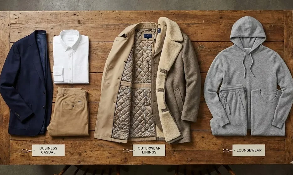 Bên trái - Quần áo công sở thoải mái; Giữa - Lớp lót áo khoác ngoài; Bên phải - Đồ mặc nhà