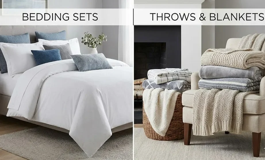 左側 - 寝具セット、右側 - スローとブランケット 左側 - 寝具セット、右側 - スローとブランケット