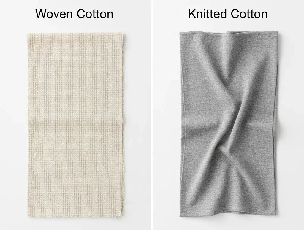 Bên trái là vải cotton dệt, bên phải là vải cotton đan. Bên trái là vải cotton dệt, bên phải là vải cotton đan.