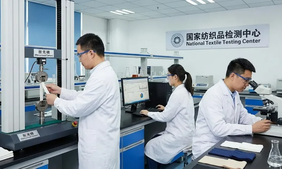 当社の研究室のスタッフがシルケット加工コットンに関するデータをテストしています。. 当社の研究室のスタッフがシルケット加工コットンに関するデータをテストしています。.