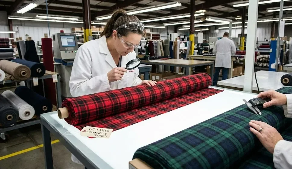 Qc Quality Inspection, Manufacturing Inspection, Flannel And Checkered Fabric. Qc Quality Inspection, Manufacturing Inspection, Flannel And Checkered Fabric.