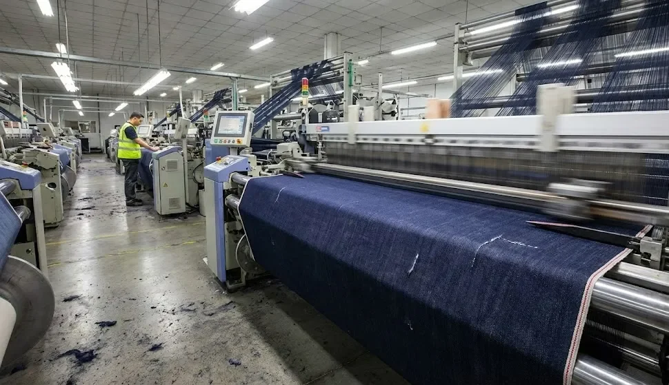 写真は、セルビッジデニムを生産する現代の高速シャトルレス織機を示しています。速度は速いですが、品質は中程度です。. 写真は、セルビッジデニムを生産する現代の高速シャトルレス織機を示しています。速度は速いですが、品質は中程度です。.