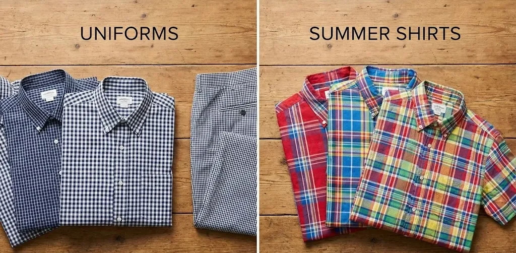 The Left Side Features A Checkered Pattern (Uniforms), While The Right Side Features A Checkered Pattern (Summer Shirts). The Left Side Features A Checkered Pattern (Uniforms), While The Right Side Features A Checkered Pattern (Summer Shirts).