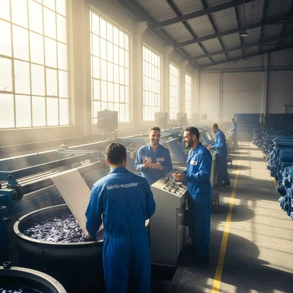 デニム工場の労働者がデニムを染めている デニム工場の労働者がデニムを染めている