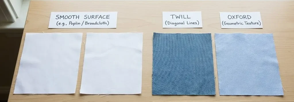 A Comparison Photograph Of Labeled Smooth, Twill, And Oxford Fabric Swatches On A Wooden Table. A Comparison Photograph Of Labeled Smooth, Twill, And Oxford Fabric Swatches On A Wooden Table.