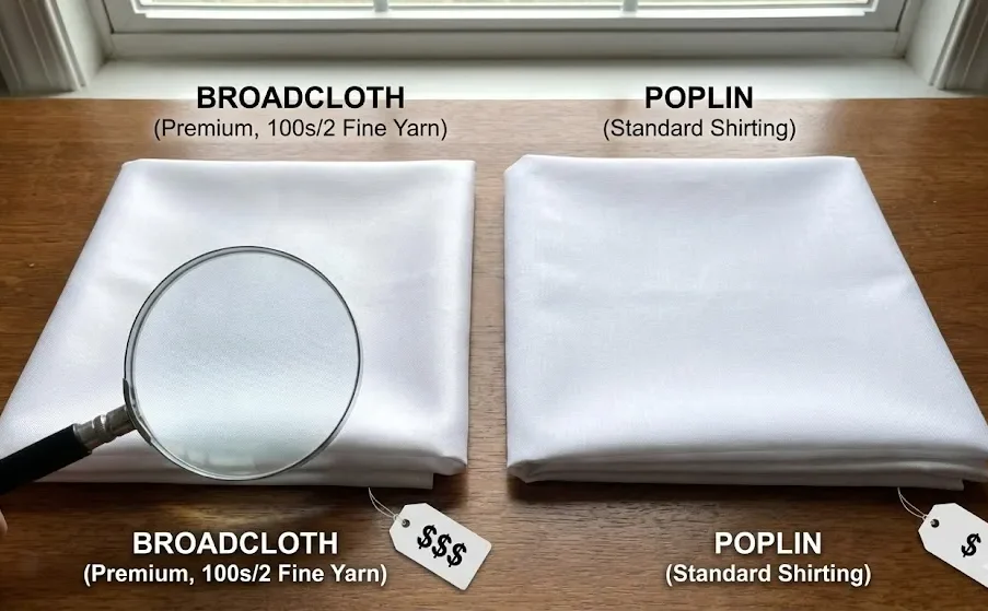 A Photographic Comparison Highlighting The Finer Weave Of Premium Broadcloth ($$$) Under A Magnifying Glass Alongside Standard Poplin ($) A Photographic Comparison Highlighting The Finer Weave Of Premium Broadcloth ($$$) Under A Magnifying Glass Alongside Standard Poplin ($)