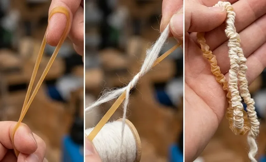 A Three-Panel Photo Demonstrating A Rubber Band Being Stretched, Wrapped With Cotton, And Released To Form Coiled Yarn. A Three-Panel Photo Demonstrating A Rubber Band Being Stretched, Wrapped With Cotton, And Released To Form Coiled Yarn.