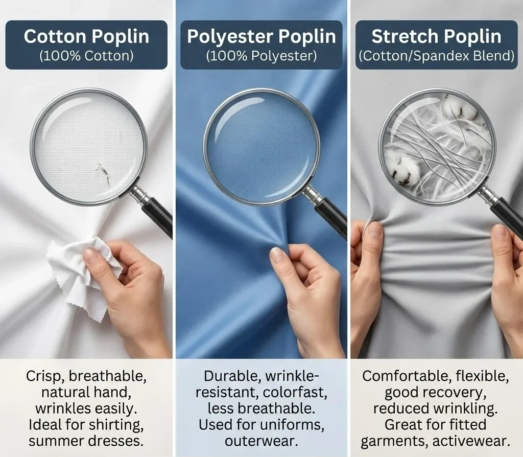 Popeline de coton vs popeline de polyester vs popeline extensible.
