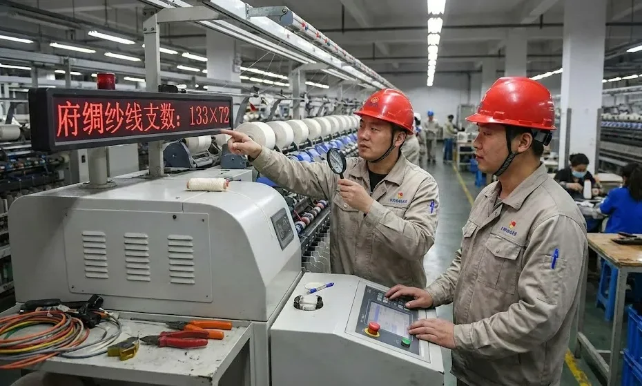 Factory Workers Are Adjusting The Count Of The Poplin Yarn- 133X72 Factory Workers Are Adjusting The Count Of The Poplin Yarn- 133X72