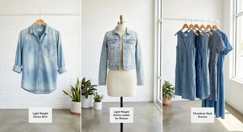 Left - Lightweight Denim Shirt, Middle - Lightweight Denim Jacket For Women, Right - Chambray-Style Dresses. Left - Lightweight Denim Shirt, Middle - Lightweight Denim Jacket For Women, Right - Chambray-Style Dresses.