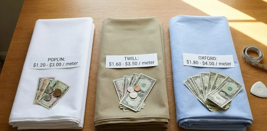 Left, Poplin- $1.20 - $3.00 - Meter; Middle, Twill- $1.60 - $3.50 - Meter; Right, Oxford- $1.80 - $4.00 - Meter Left, Poplin- $1.20 - $3.00 - Meter; Middle, Twill- $1.60 - $3.50 - Meter; Right, Oxford- $1.80 - $4.00 - Meter