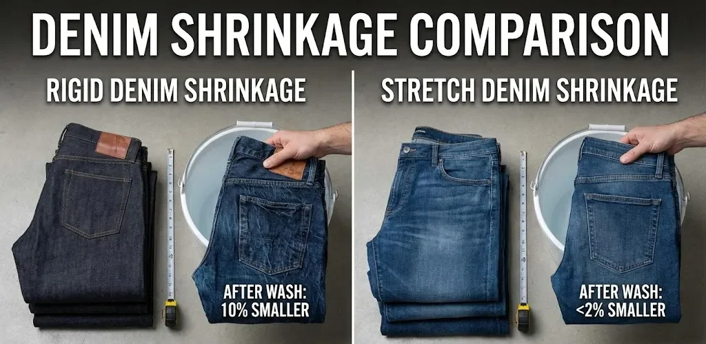 Left- Rigid Denim Shrinkage, Right- Stretch Denim Shrinkage Left- Rigid Denim Shrinkage, Right- Stretch Denim Shrinkage