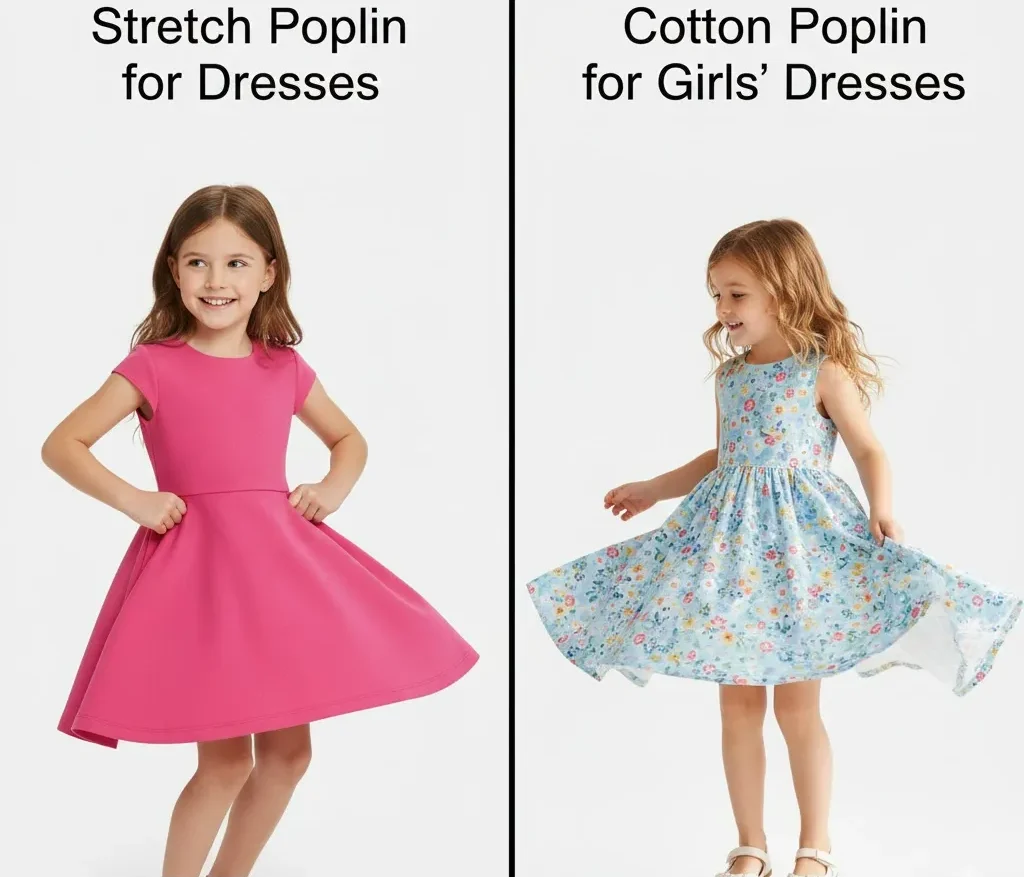 Bên trái - Vải poplin co giãn dùng cho váy, bên phải - Vải poplin cotton dùng cho váy bé gái.