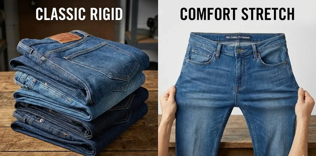 Left - The Vast Majority Of Classic 5-Pocket Jeans (Denim Medium Wash Or Dark), Right - Standard Comfort Denim With Stretch. Left - The Vast Majority Of Classic 5-Pocket Jeans (Denim Medium Wash Or Dark), Right - Standard Comfort Denim With Stretch.