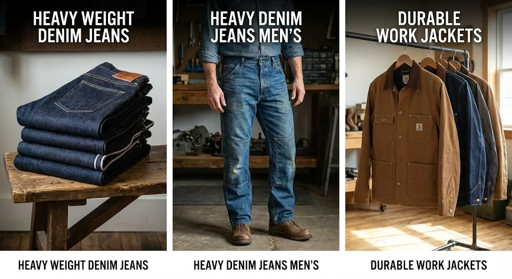 Left Side - Heavy Weight Denim Jeans, Middle Side - Heavy Denim Jeans Men's, Right Side - Durable Work Jackets. Left Side - Heavy Weight Denim Jeans, Middle Side - Heavy Denim Jeans Men's, Right Side - Durable Work Jackets.