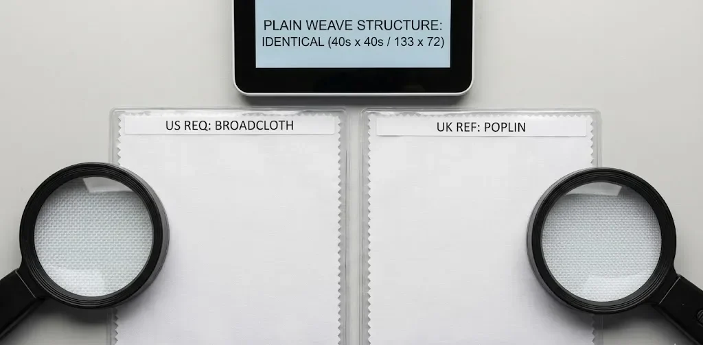 Magnified swatches of US Broadcloth and UK Poplin fabrics shown side-by-side, confirming their identical weave structure.