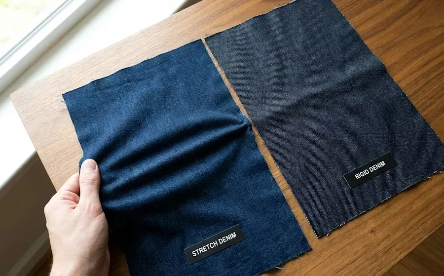 On The Left Is Stretch Denim, And On The Right Is Rigid Denim. On The Left Is Stretch Denim, And On The Right Is Rigid Denim.