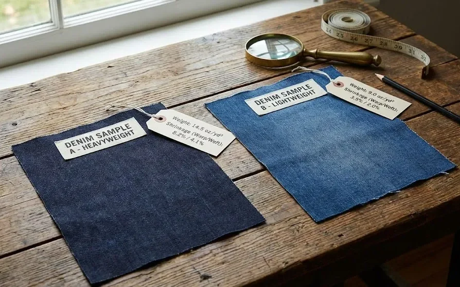 Two key indicators for denim- weight (ounces) and shrinkage rate (%).