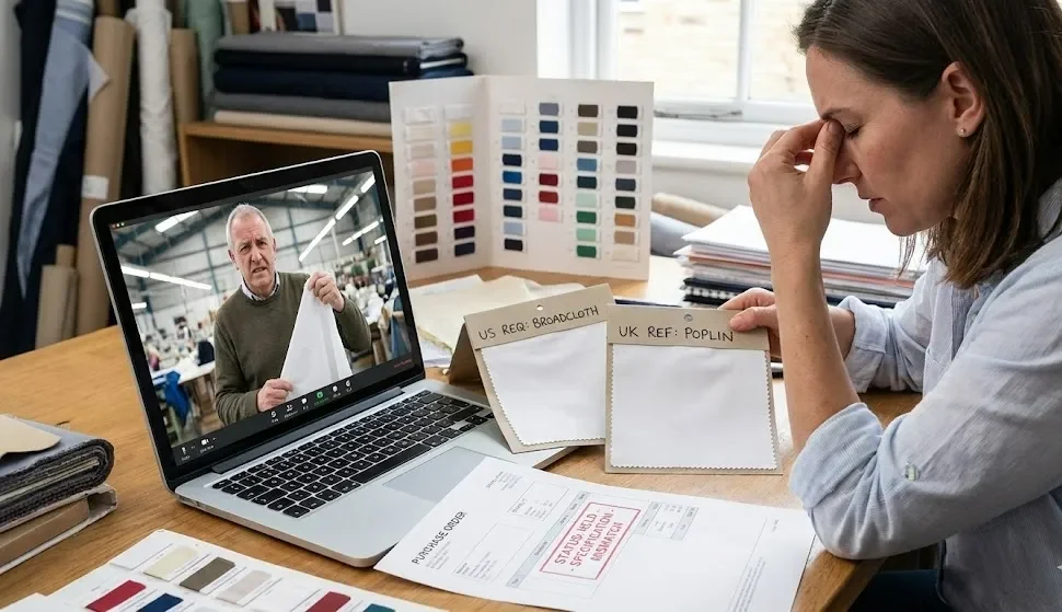 Two Men On A Video Call Dispute Broadcloth Versus Poplin Fabric Swatches Over A Held Purchase Order. Two Men On A Video Call Dispute Broadcloth Versus Poplin Fabric Swatches Over A Held Purchase Order.