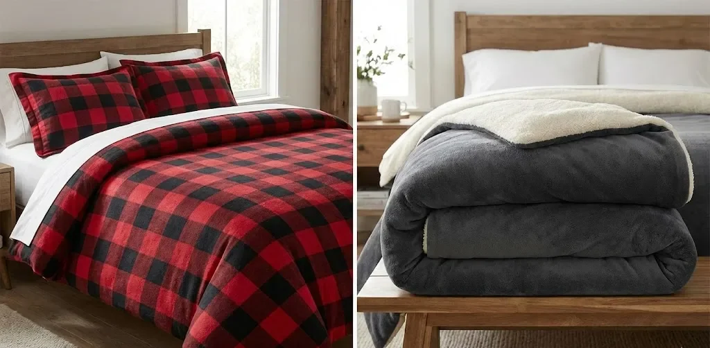 Solda - Flanel Yataq Dəsti; Sağda - İki Tərəfli Yunlu Yorğan Üzlüyü Solda - Flanel Yataq Dəsti; Sağda - İki Tərəfli Yunlu Yorğan Üzlüyü