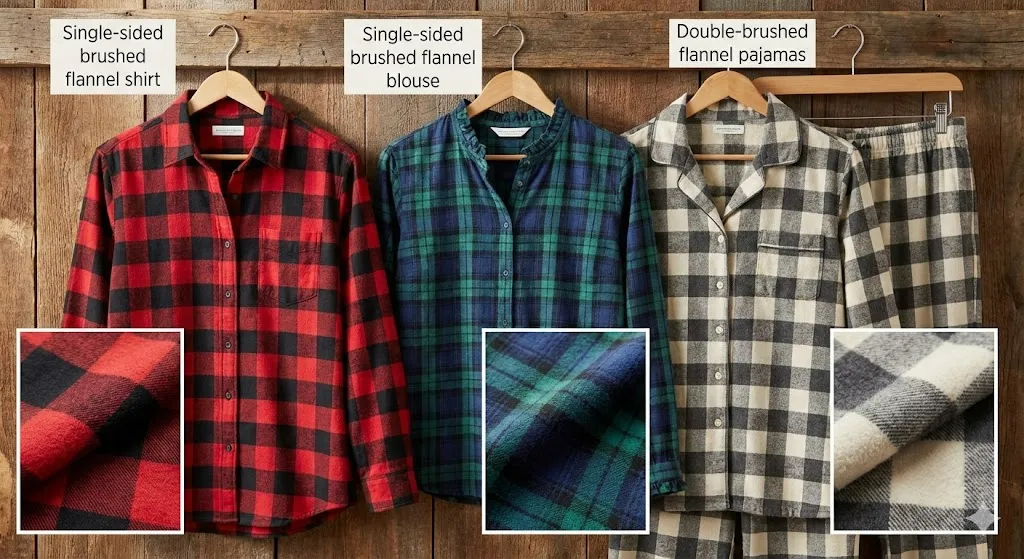 Solda - Tək Tərəfli Fırçalanmış Flanel Köynək; Ortada - Tək Tərəfli Fırçalanmış Flanel Bluzka; Sağda - İkiqat Fırçalanmış Flanel Pijama. Solda - Tək Tərəfli Fırçalanmış Flanel Köynək; Ortada - Tək Tərəfli Fırçalanmış Flanel Bluzka; Sağda - İkiqat Fırçalanmış Flanel Pijama.