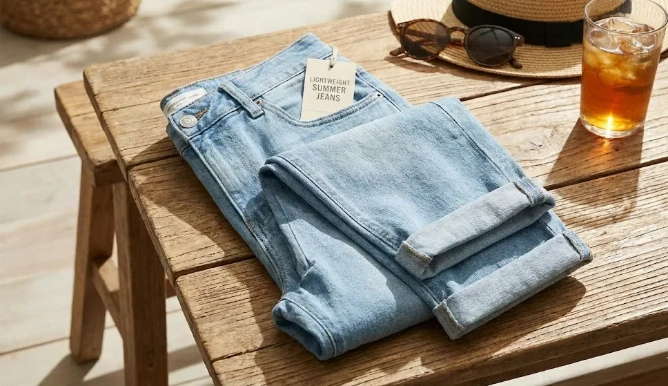 Lightweight Summer Jeans Were Placed On The Table.