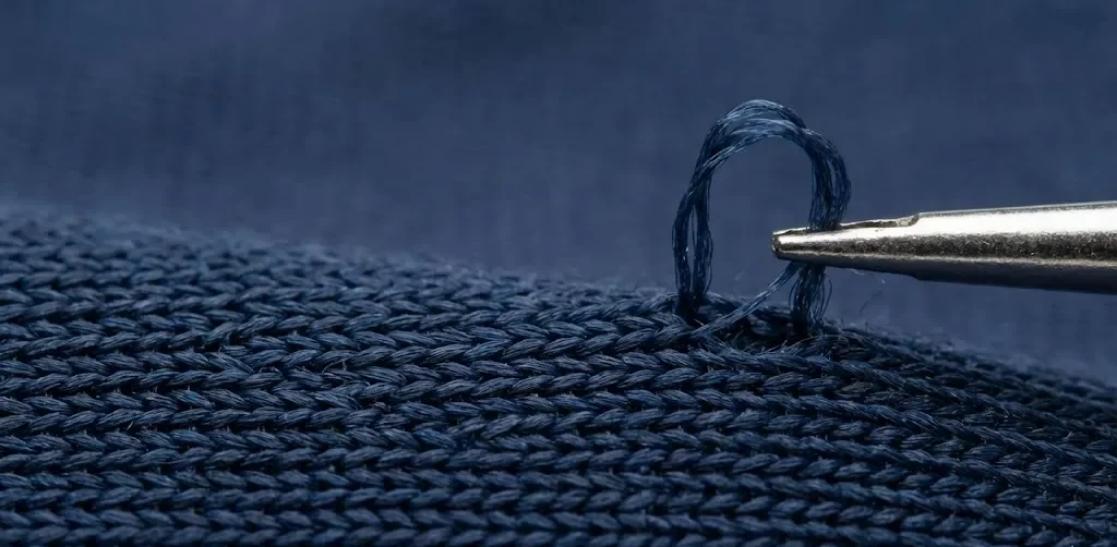 نسيج البوليستر - يتم سحب حلقة من الخيوط من بنية النسيج. نسيج البوليستر - يتم سحب حلقة من الخيوط من بنية النسيج.