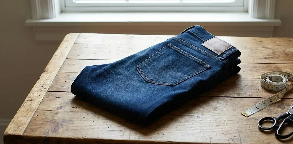 Stretch Slim Jeans Are Placed On The Table.