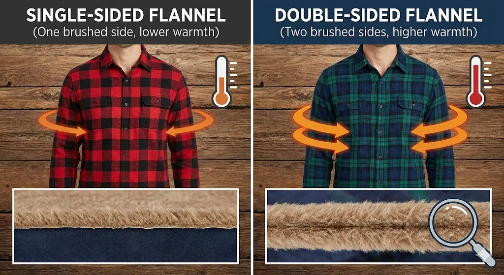 Tək tərəfli flanelin istiliyi saxlaması və iki tərəfli flanelin istiliyi saxlaması. Tək tərəfli flanelin istiliyi saxlaması və iki tərəfli flanelin istiliyi saxlaması.