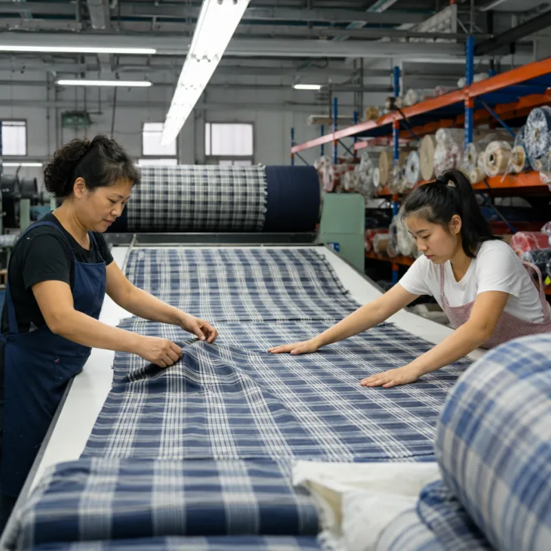 Workers Cutting Yarn Dyed Plaid Fabric With Pattern Matching