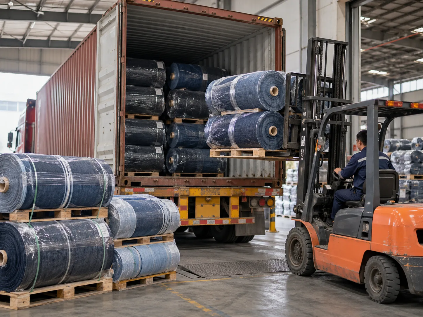 Denim Fabric Rolls Loaded Into A Container For Export Denim Fabric Rolls Loaded Into A Container For Export