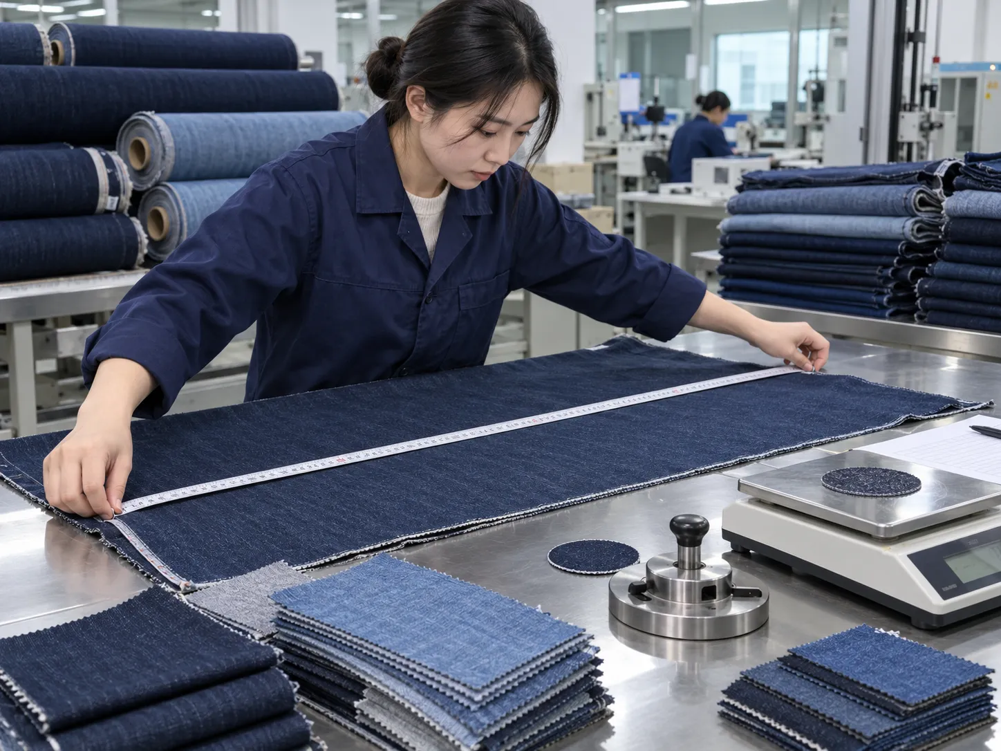 Inspector Measuring Denim Fabric Weight And Width Inspector Measuring Denim Fabric Weight And Width